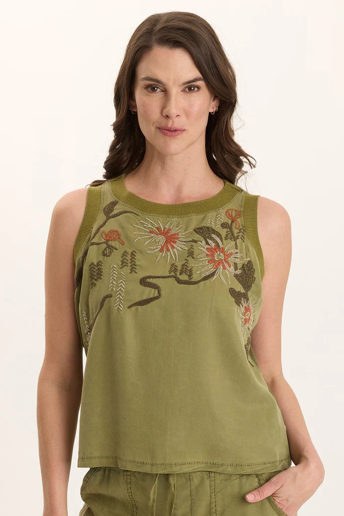 Embroidered Katrine Tank - Thicket Green