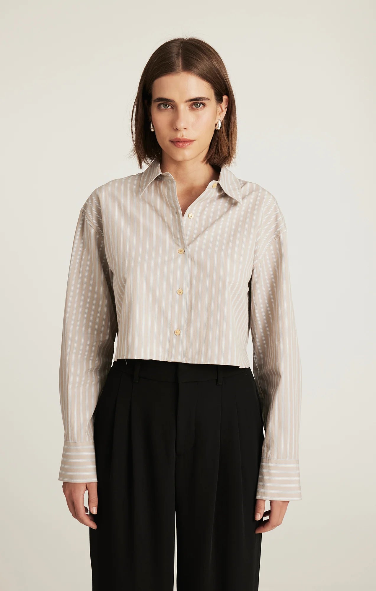 Cropped Long Sleeve Stripe Shirt - Beige