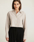 Cropped Long Sleeve Stripe Shirt - Beige