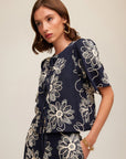 Nadine Embroidered Bow Top - Navy