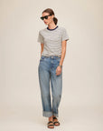 Mindy Contrast Top - Cream with Navy Stripes