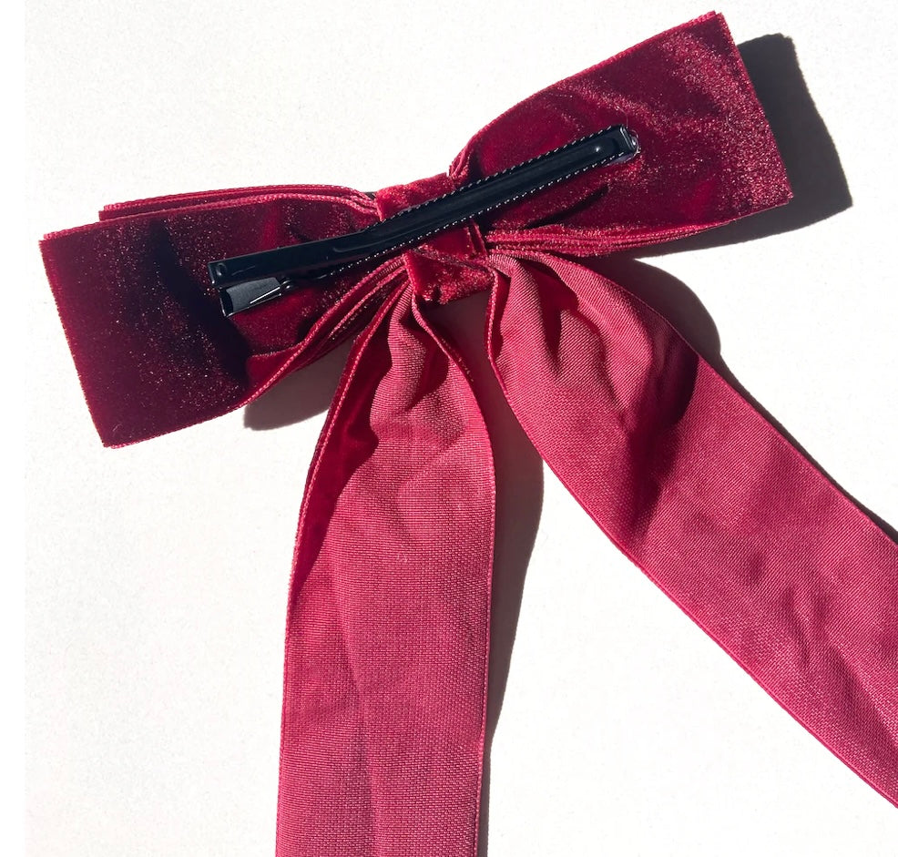 Velvet Bow Barrette - Red
