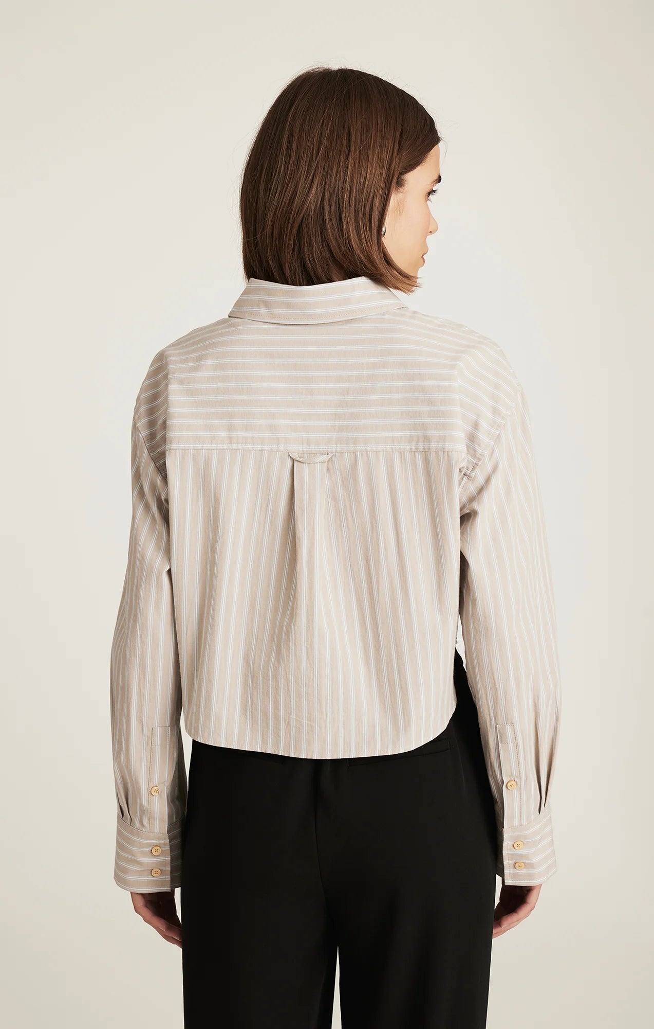 Cropped Long Sleeve Stripe Shirt - Beige