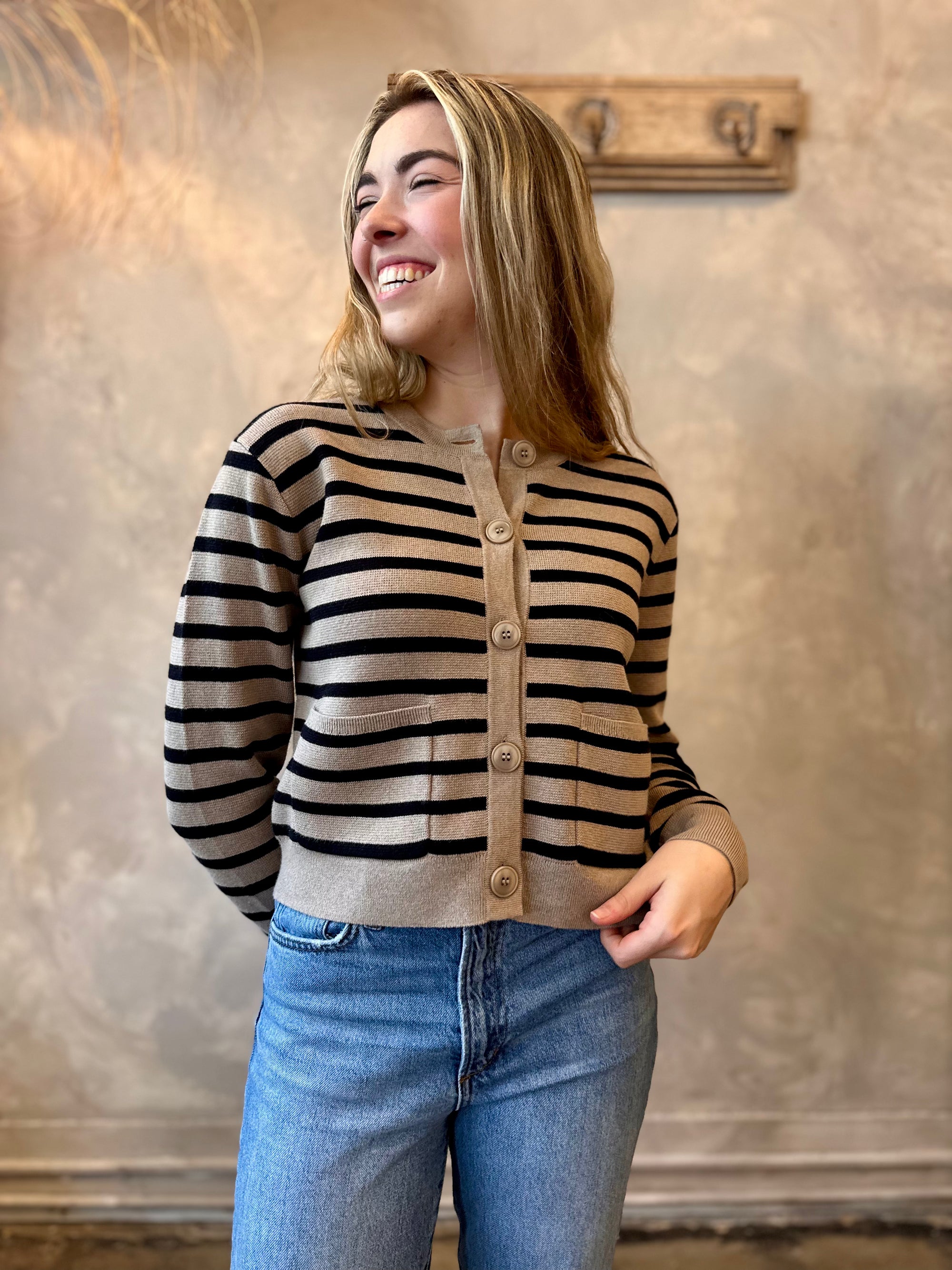 Striped Cardigan - Mushroom & Black