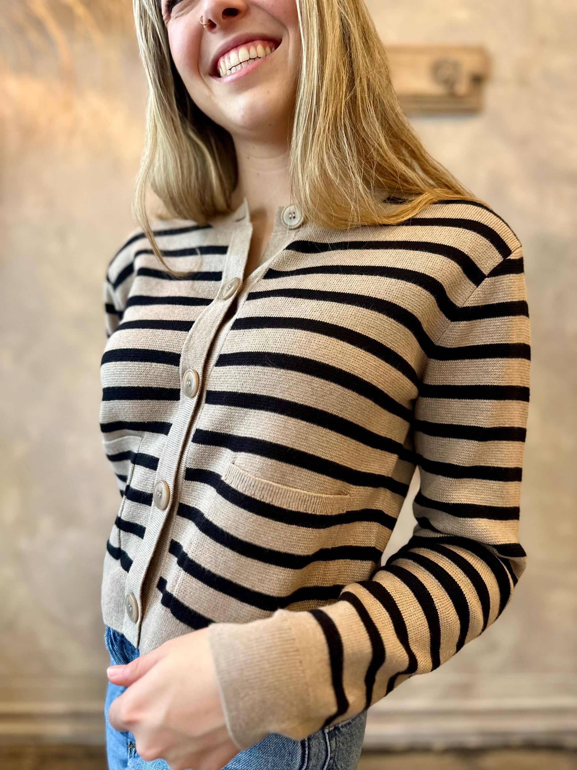 Striped Cardigan - Mushroom & Black