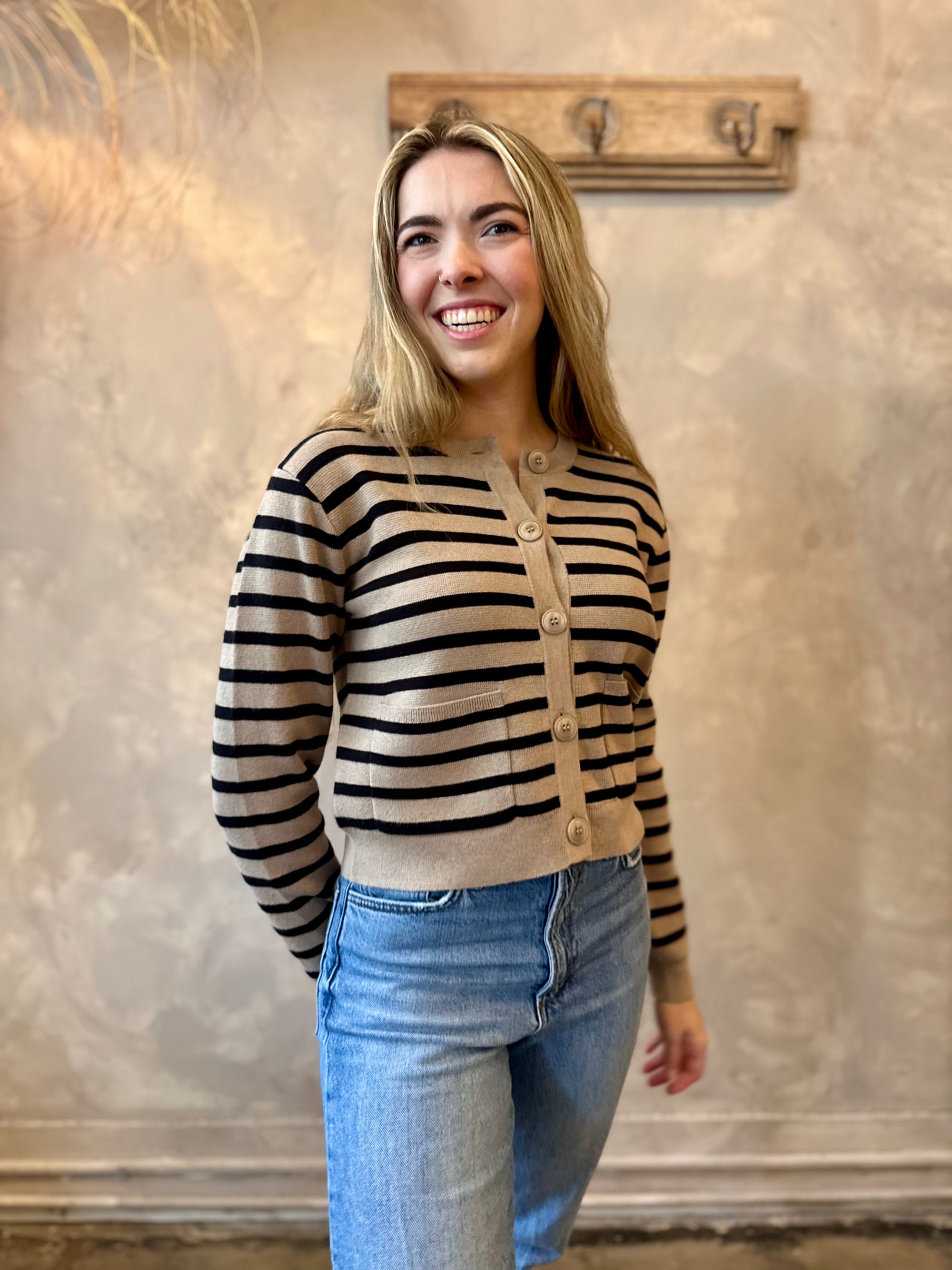 Striped Cardigan - Mushroom & Black