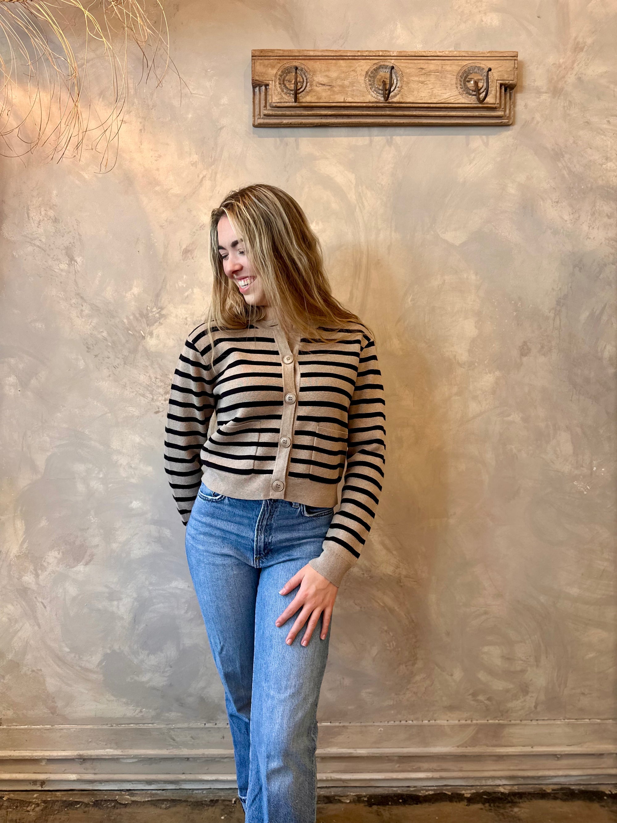 Striped Cardigan - Mushroom & Black