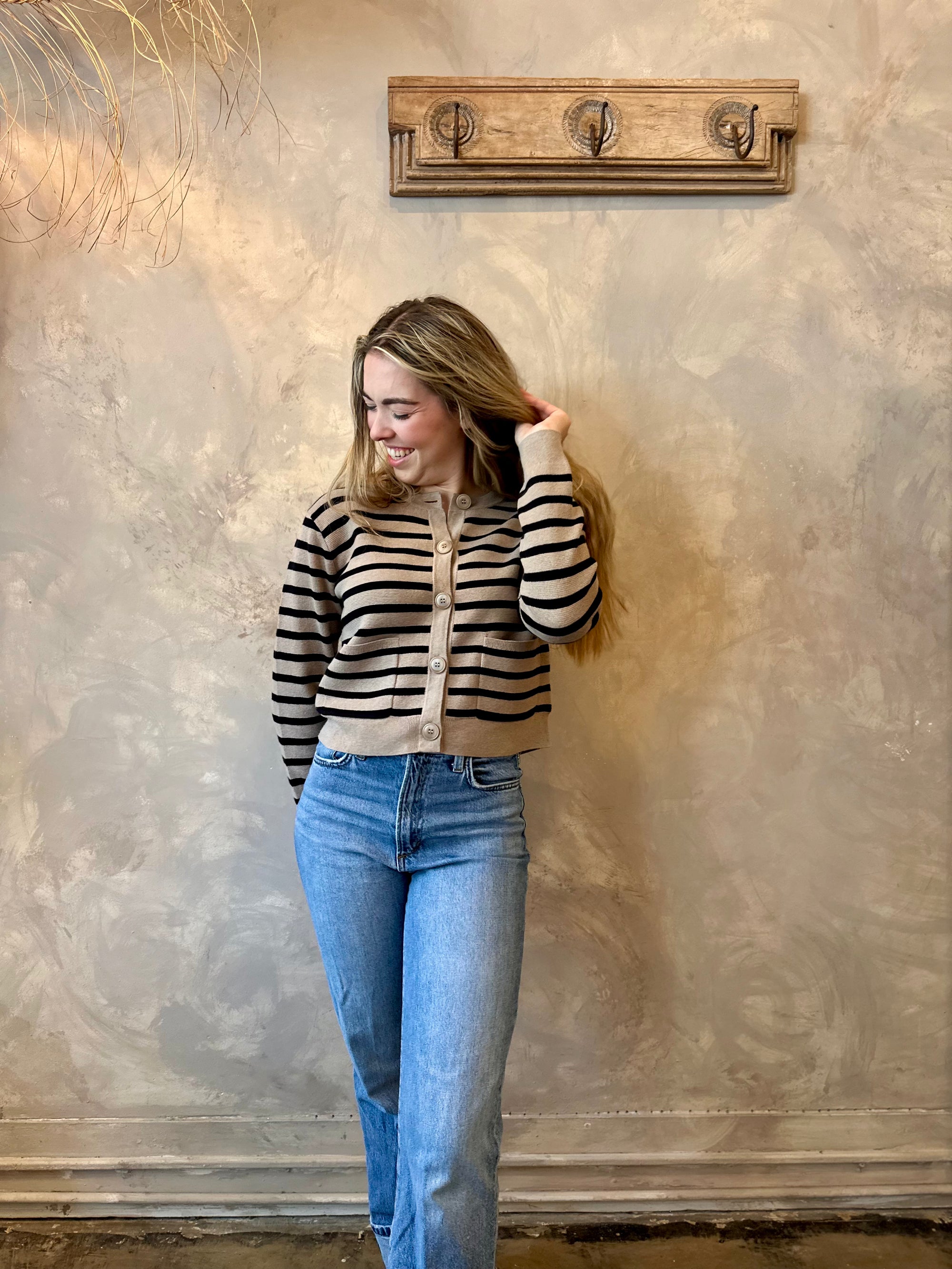 Striped Cardigan - Mushroom & Black