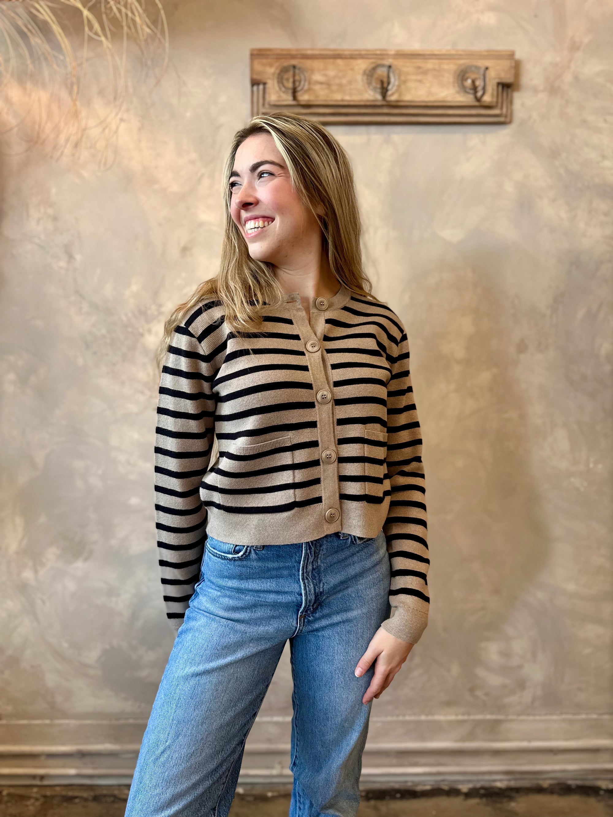 Striped Cardigan - Mushroom & Black