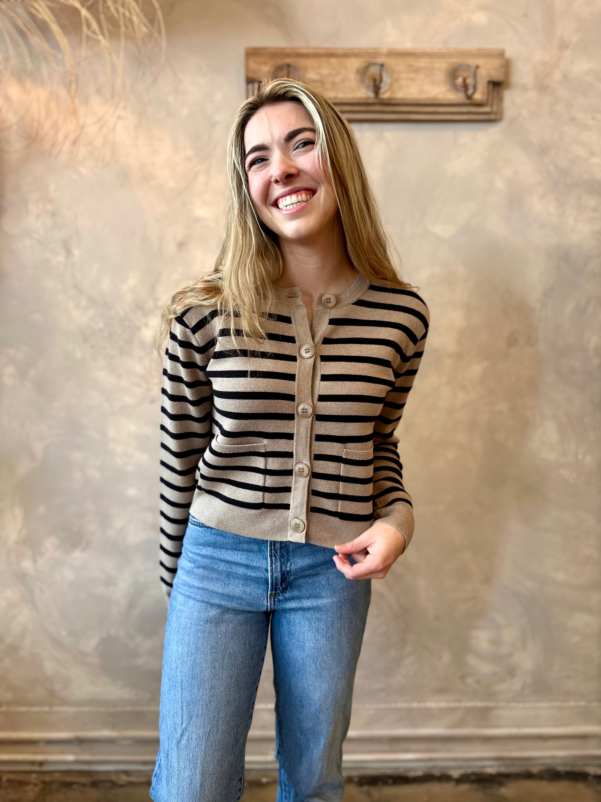 Striped Cardigan - Mushroom & Black