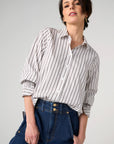 Button Front Adjustable Sleeve Top - Cream Stripe