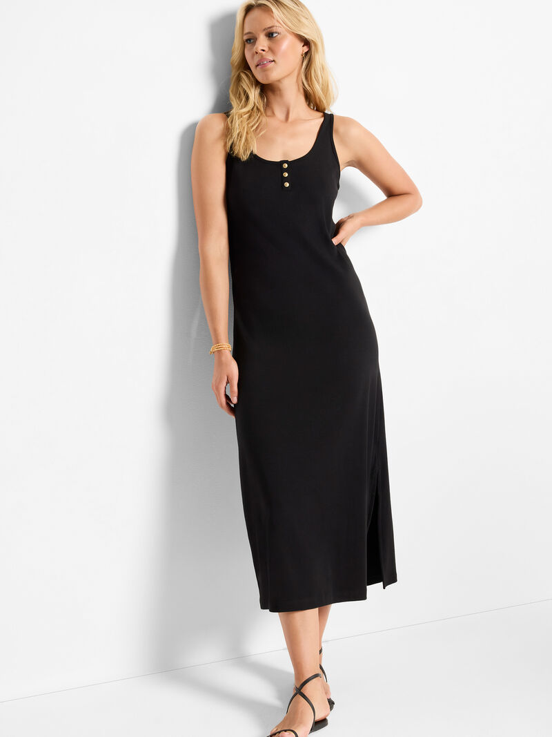 midi black tank dress Women's Stretchy Knit Black Midi Dress + Side Slit main image 0