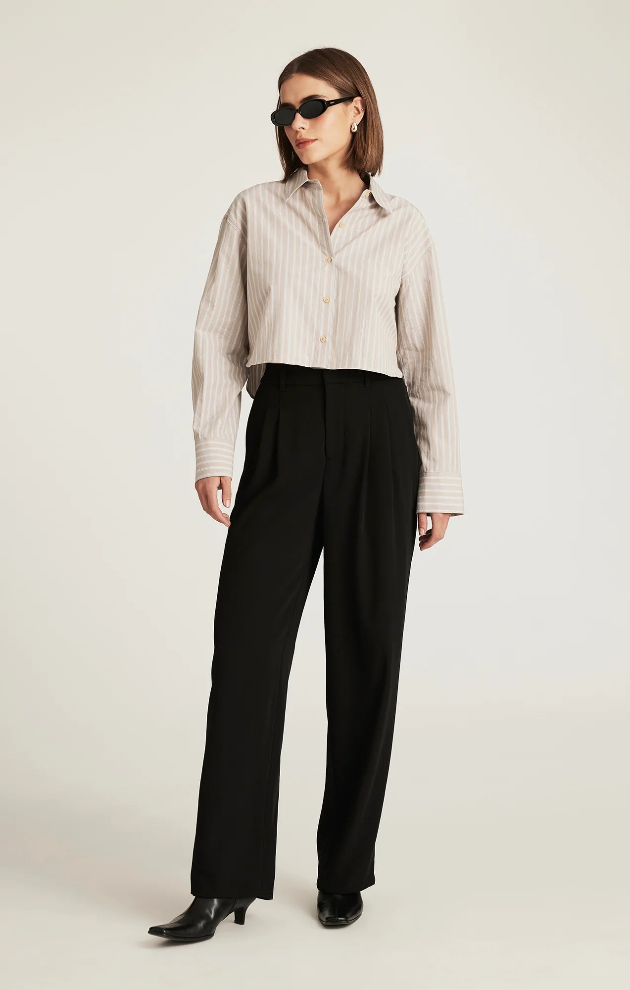 Cropped Long Sleeve Stripe Shirt - Beige