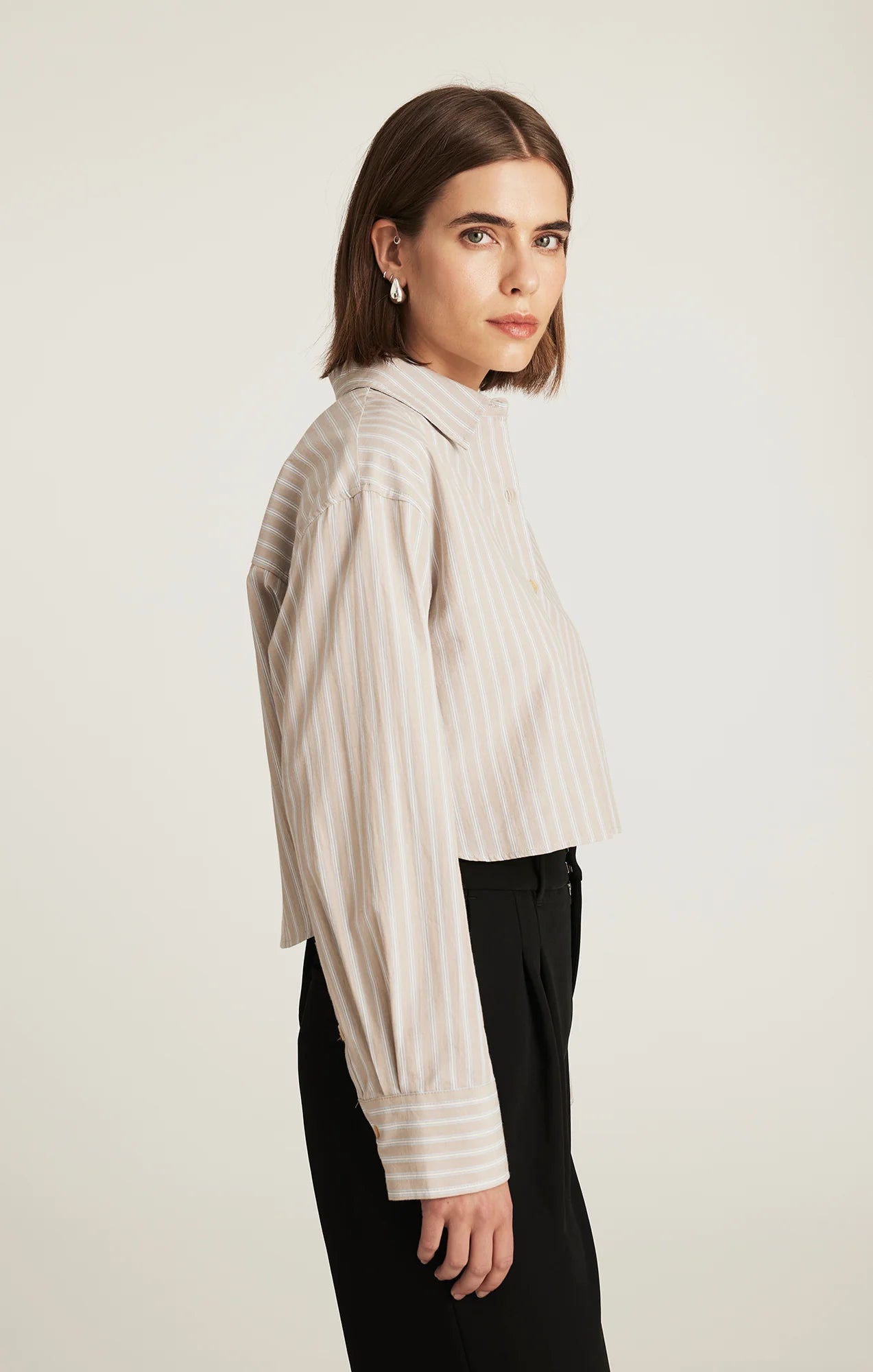 Cropped Long Sleeve Stripe Shirt - Beige