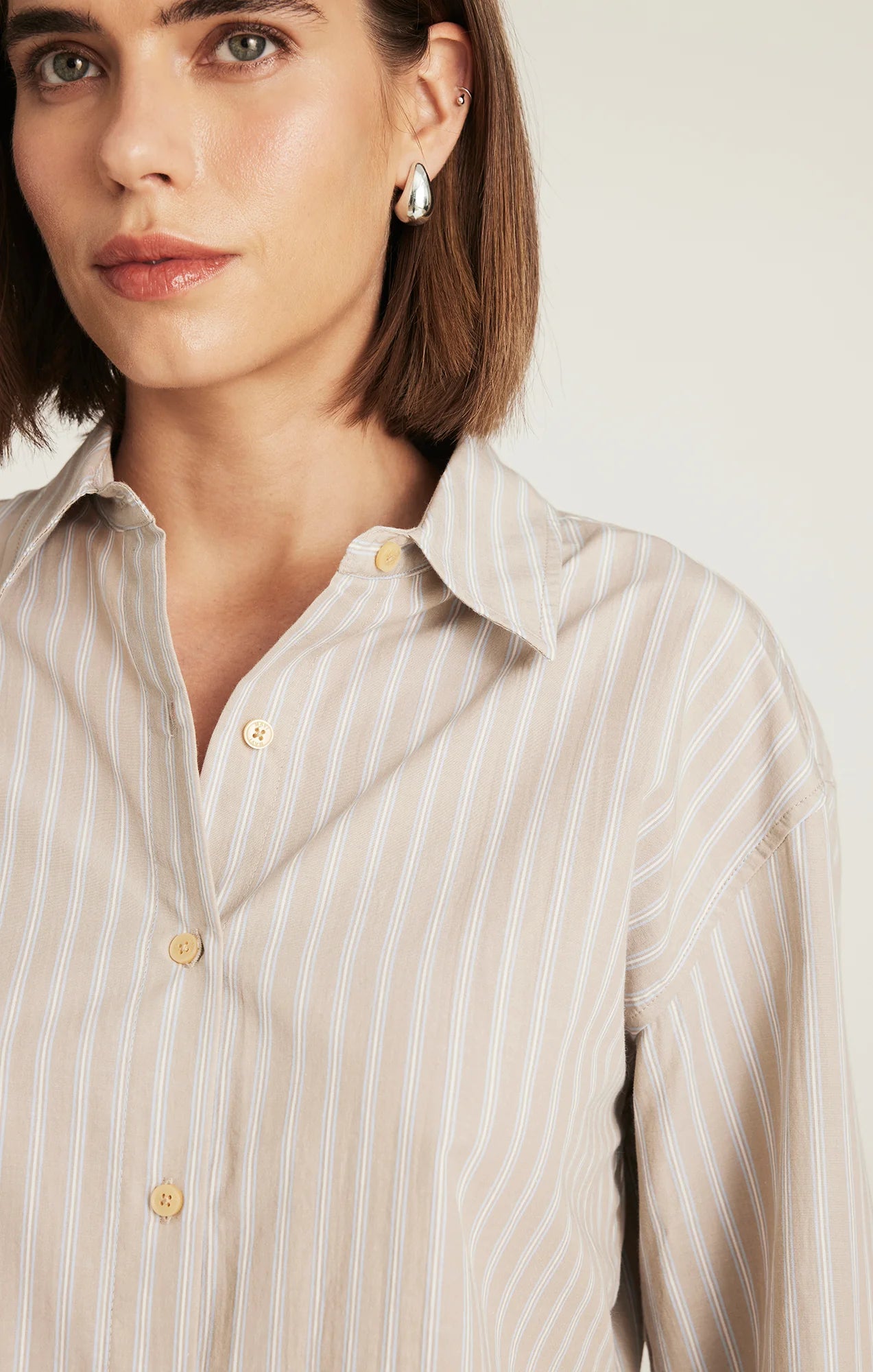 Cropped Long Sleeve Stripe Shirt - Beige