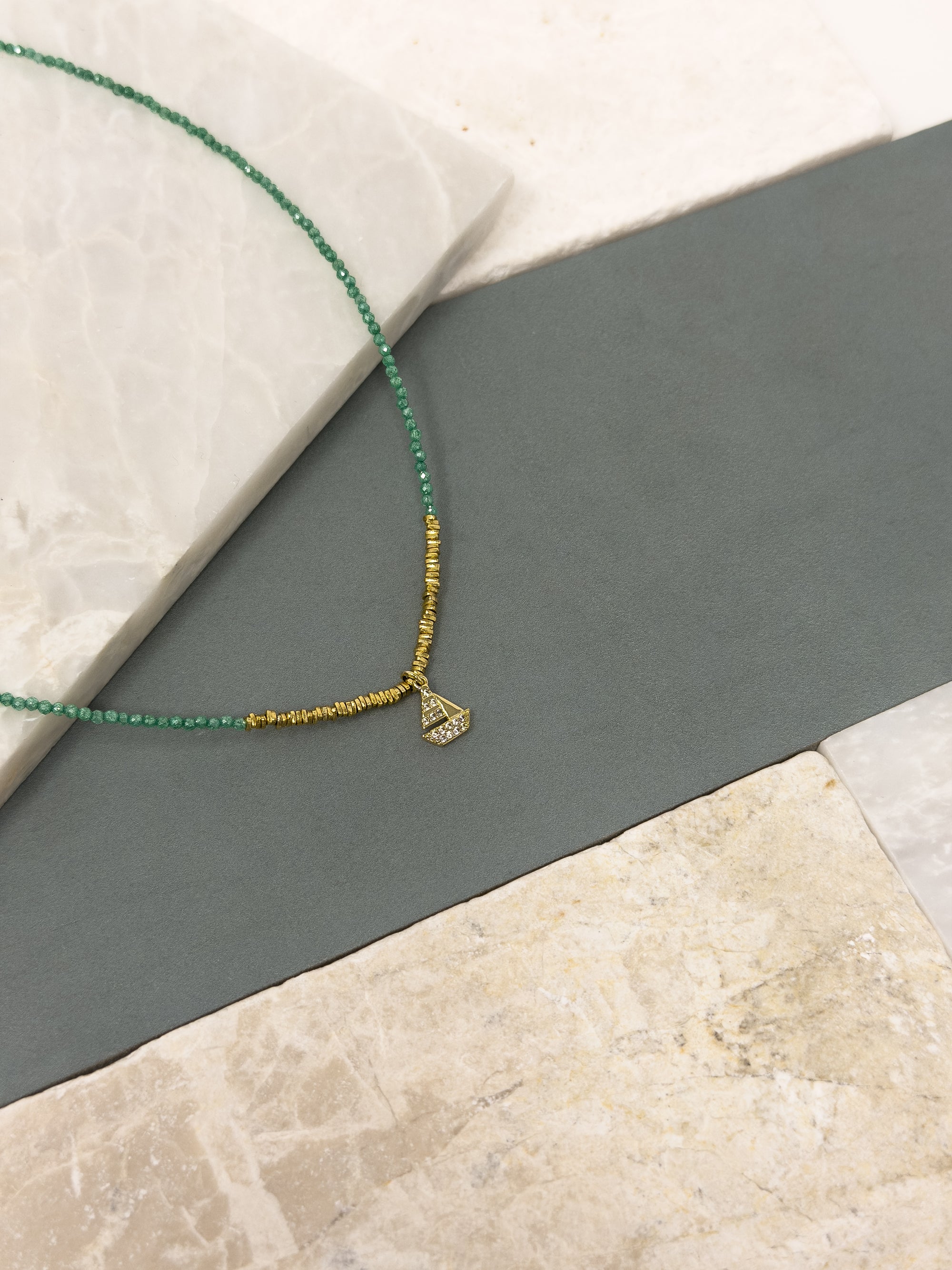 Figgy Green Bead Necklace &amp; Boat Charm