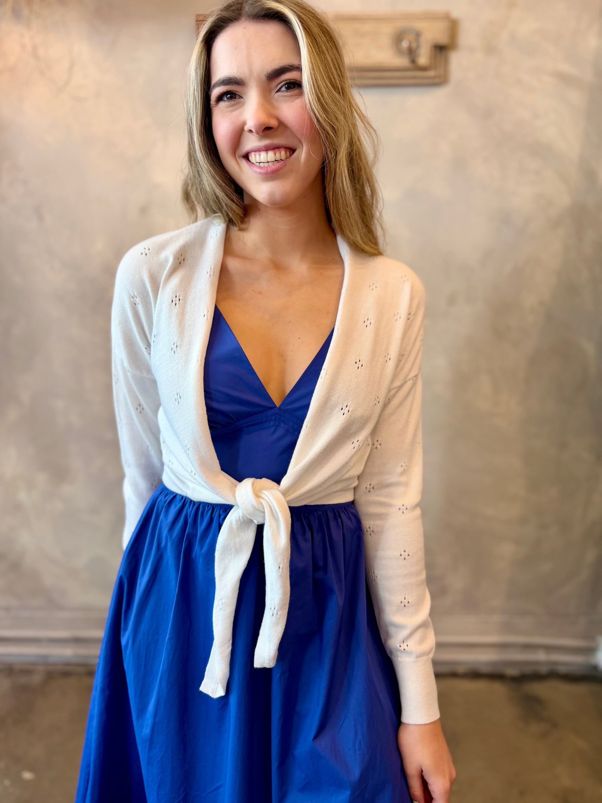 Tie Front Pointelle Cardigan - White