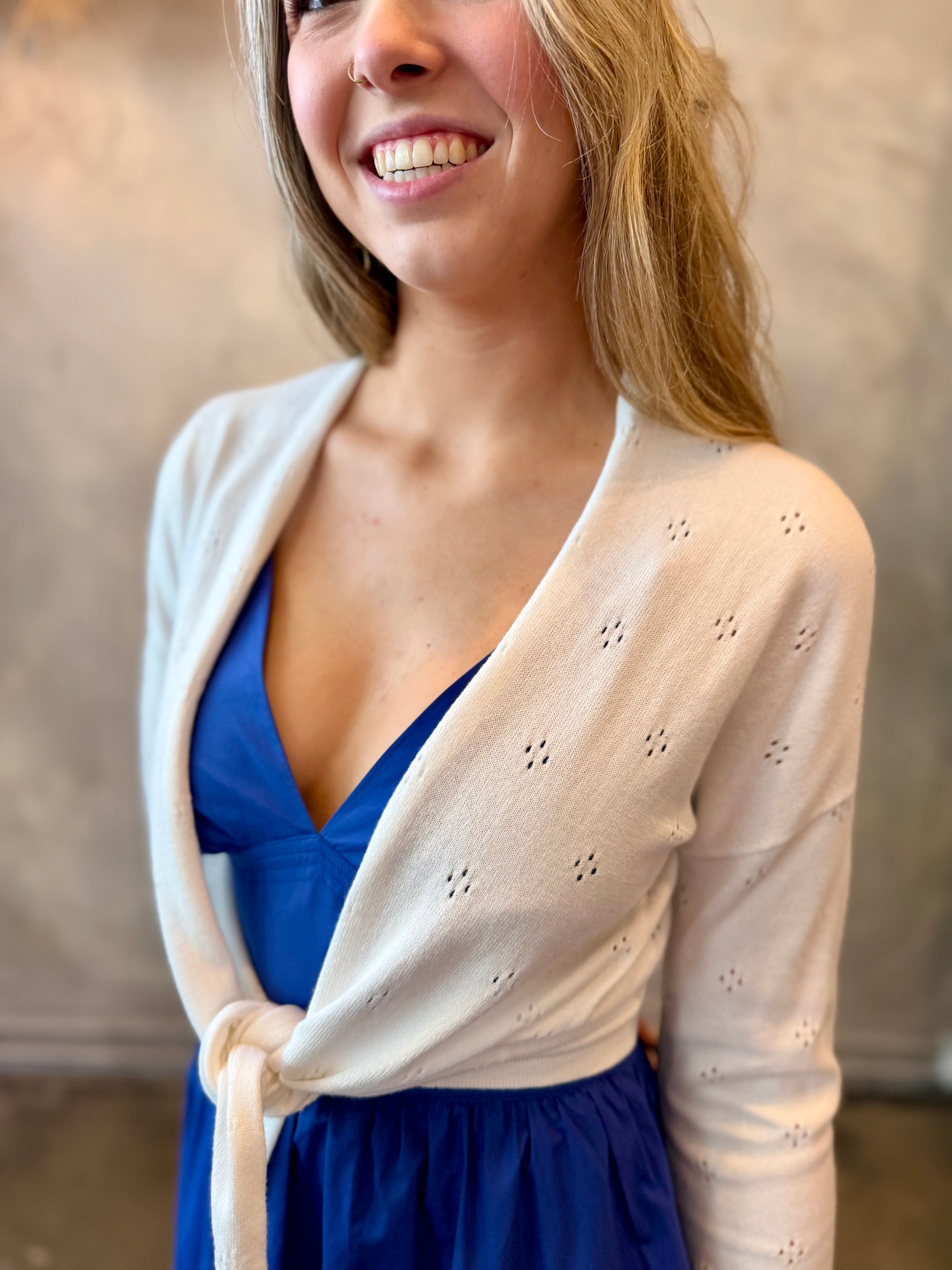 Tie Front Pointelle Cardigan - White