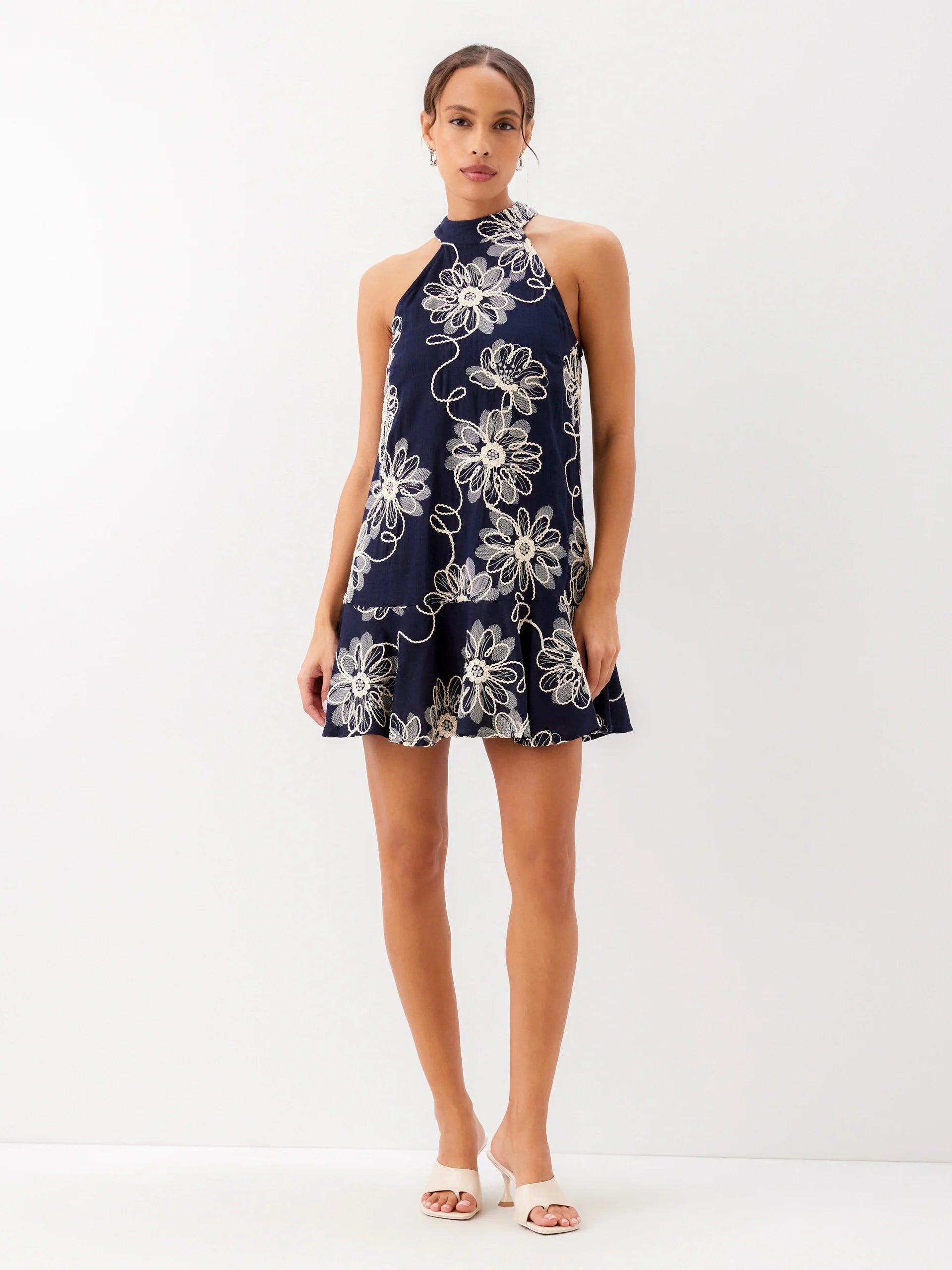 Brenda Embroidered Dress - Navy