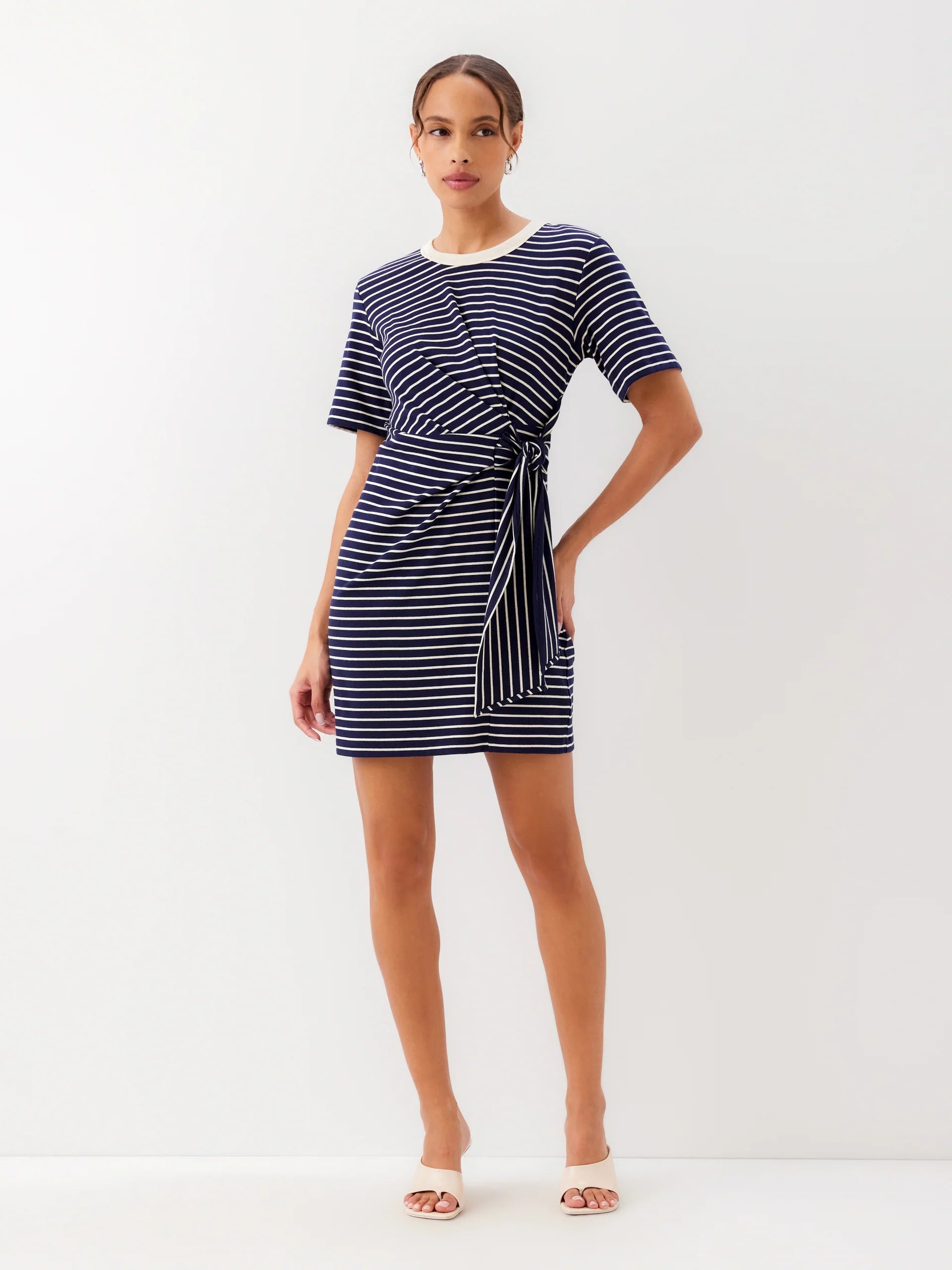 navy and cream striped dress Tanya Taylor | Short Sleeve Striped Cody Dress | Maritime Blue/cream Wide Stripe Midi Dress