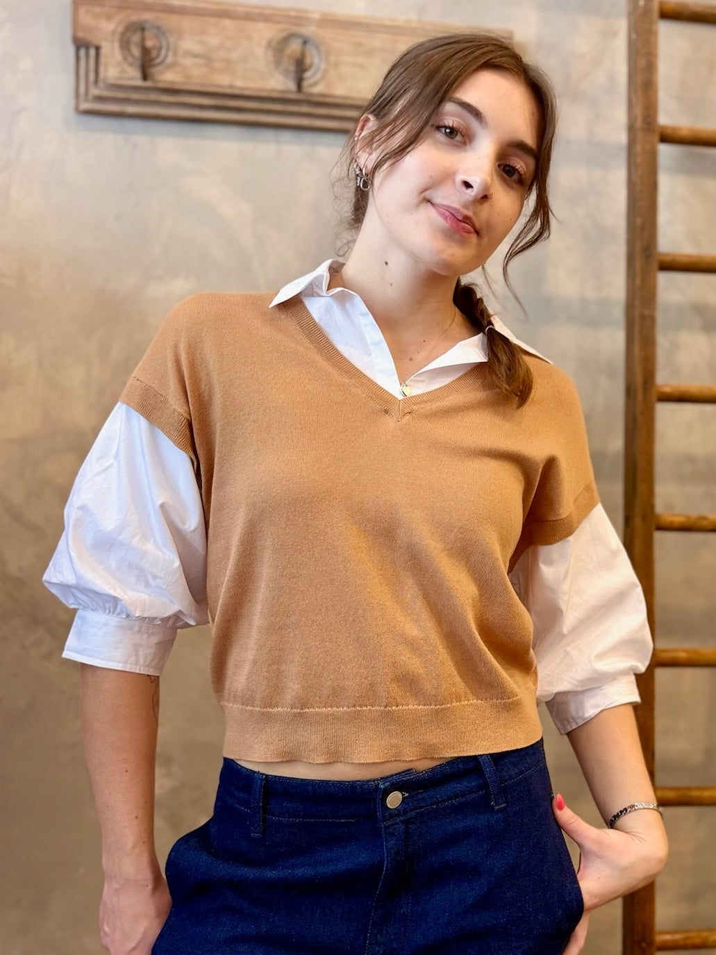 Puff Sleeve Two-fer Vest - Camel
