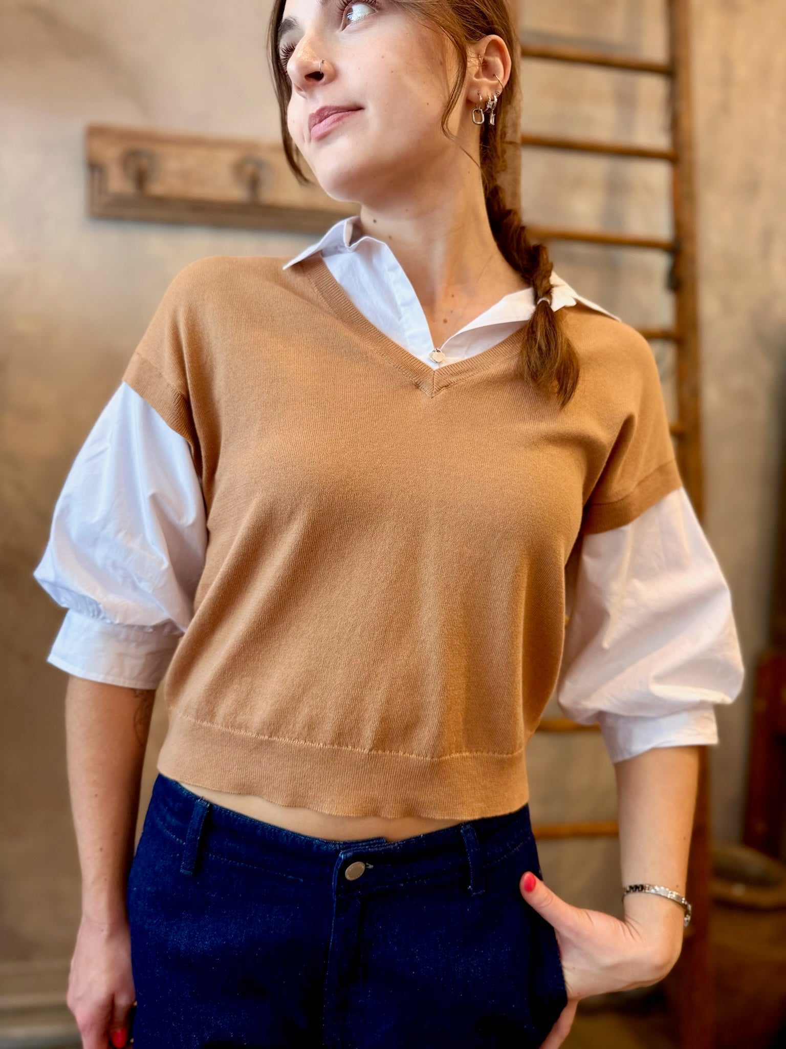 Puff Sleeve Two-fer Vest - Camel