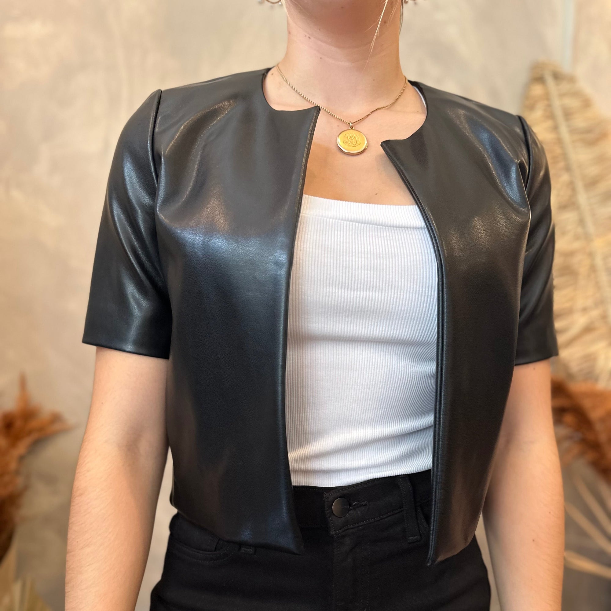 Crop Faux Leather Jacket - Black