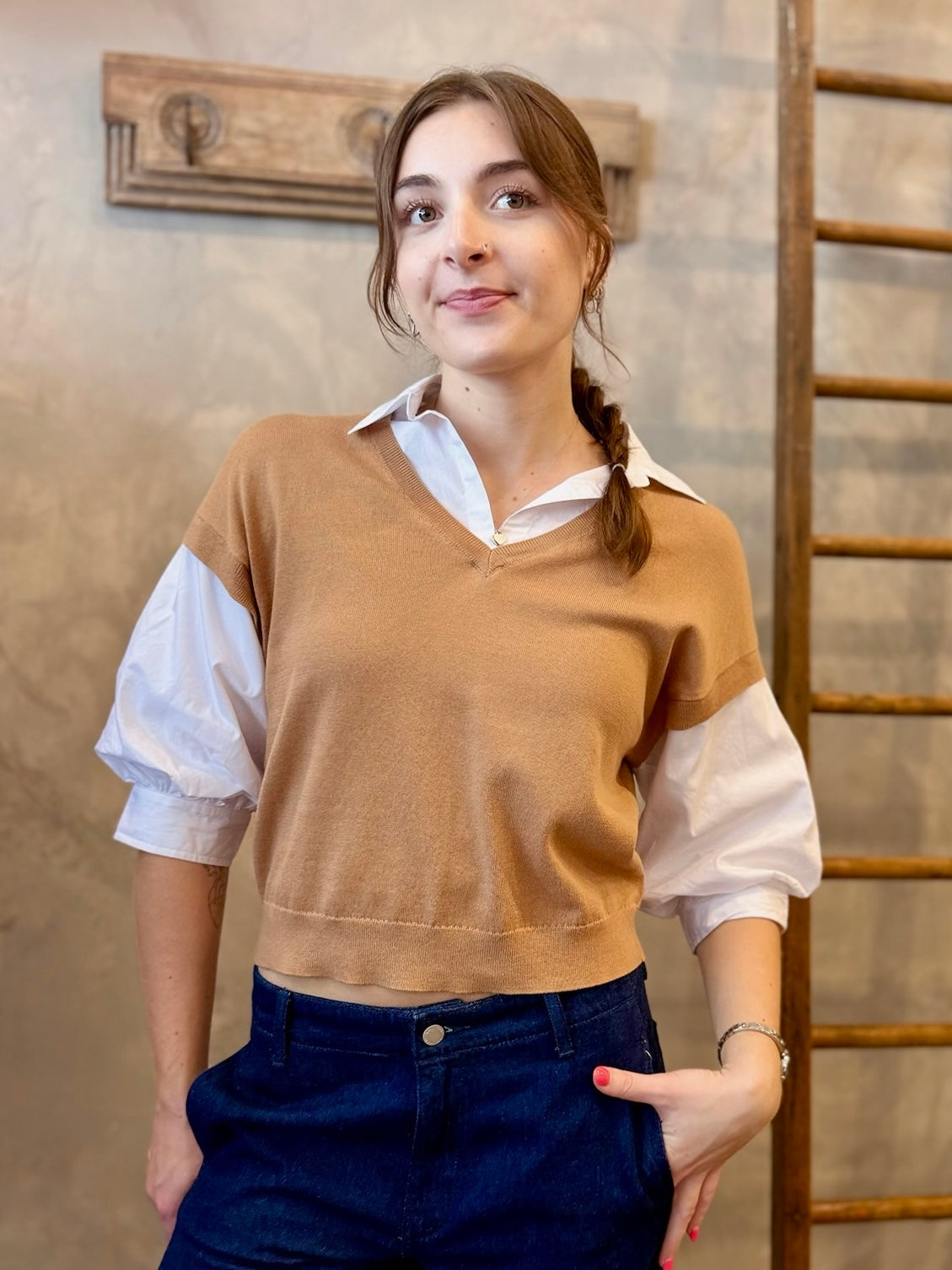Puff Sleeve Two-fer Vest - Camel
