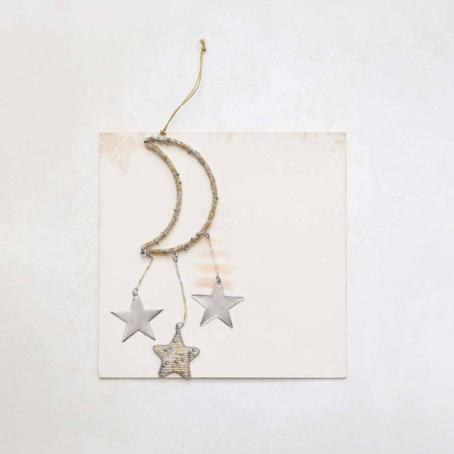 Metal Beaded Moon and Stars Ornament