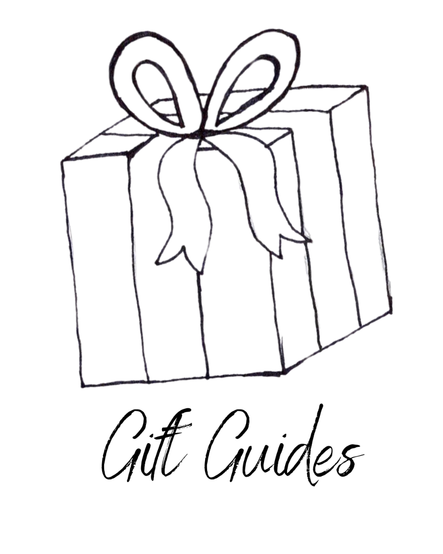 Black and white line drawing of a gift box with a bow and 'Gift Guides' text.