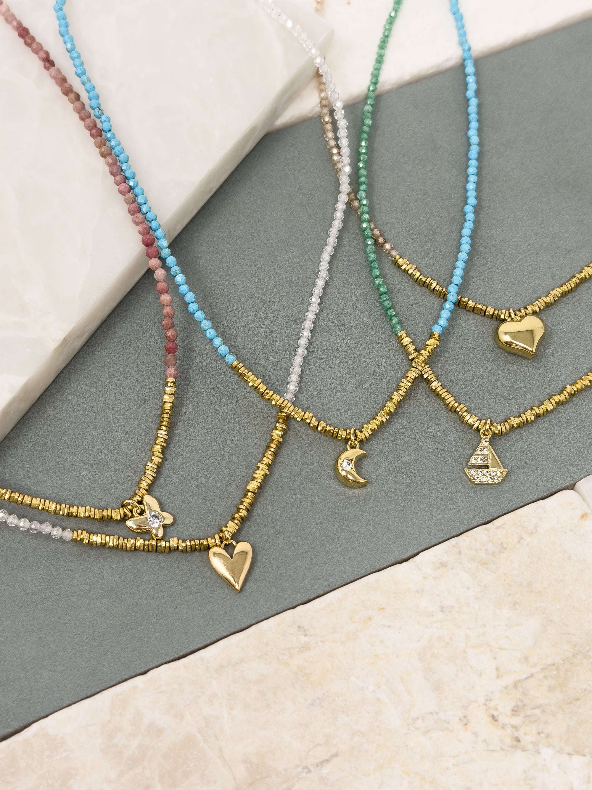 Figgy Blush Bead Necklace &amp; Heart Charm