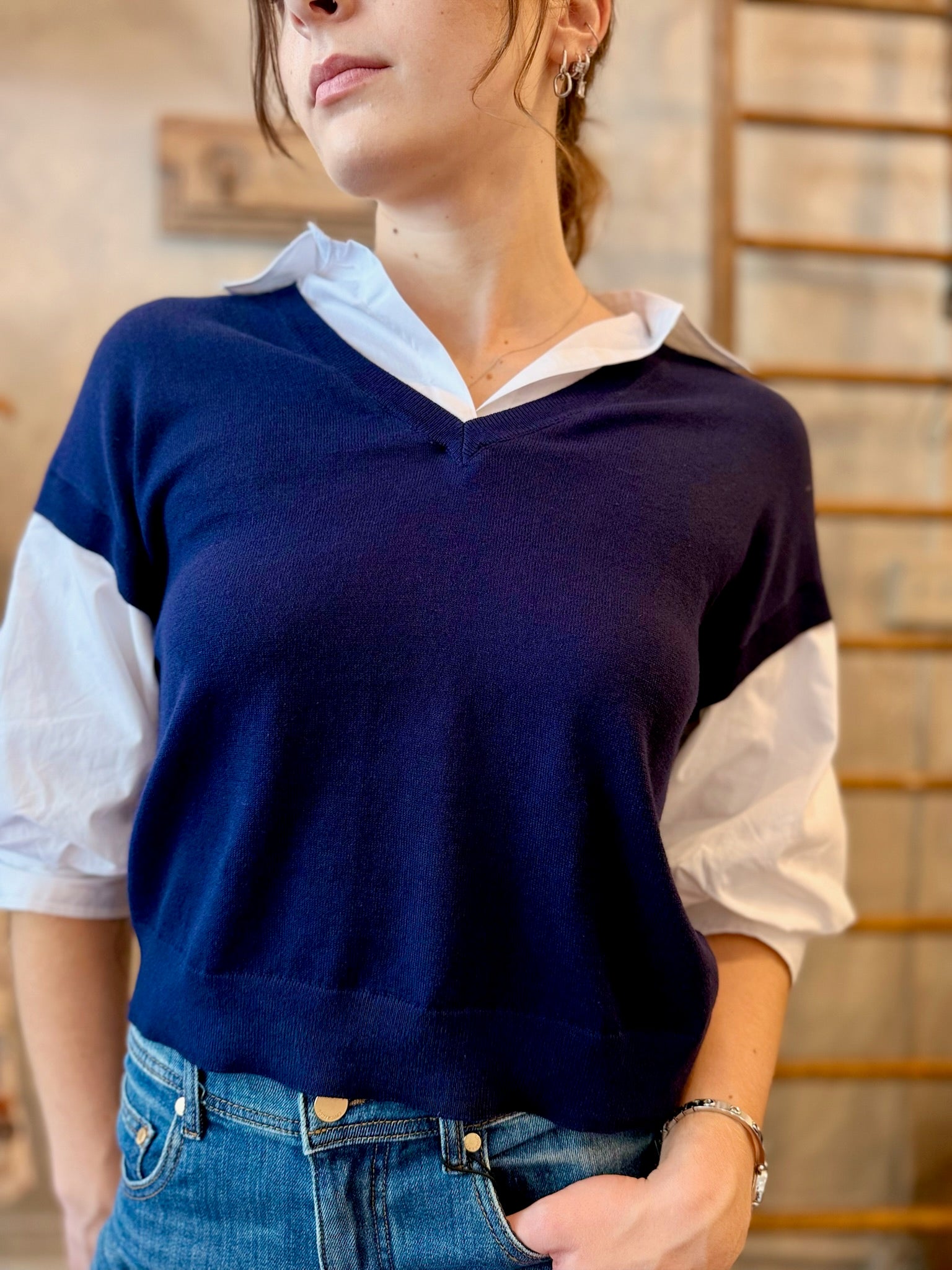 Puff Sleeve Two-fer Vest - Navy