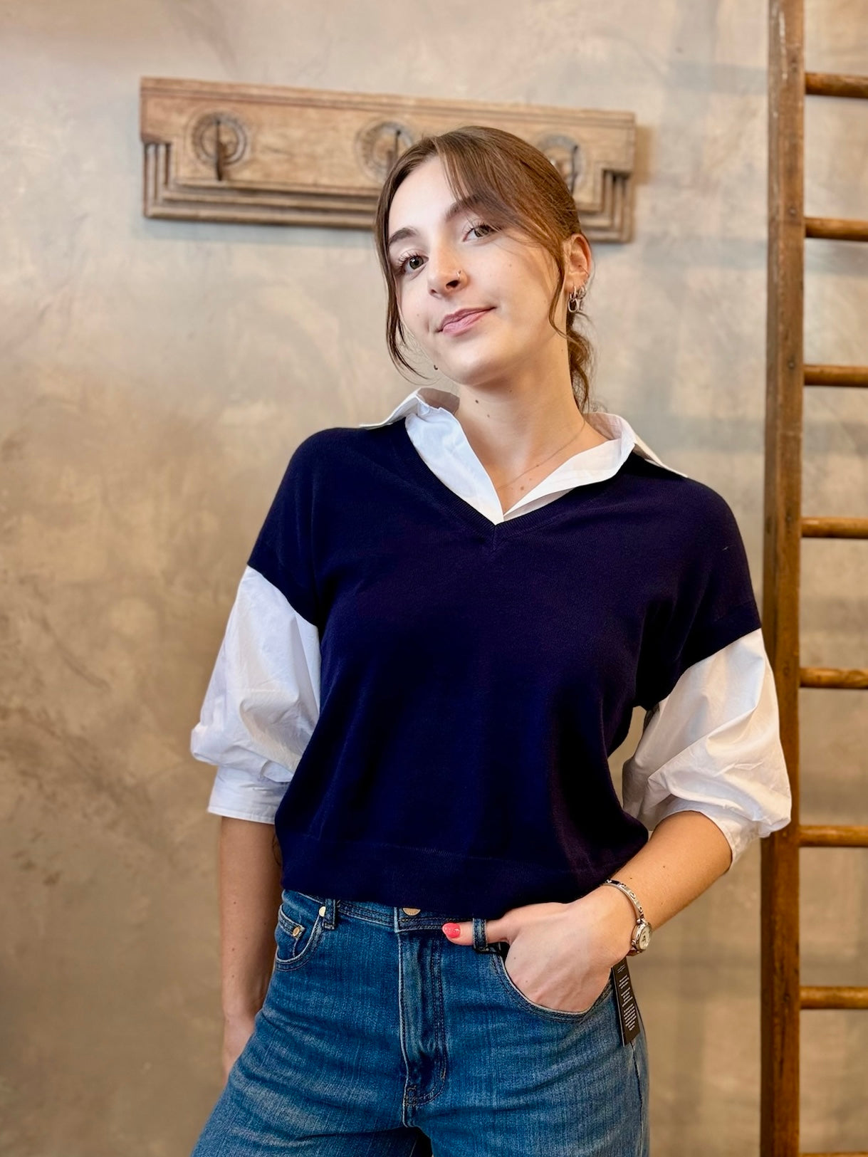 Puff Sleeve Two-fer Vest - Navy