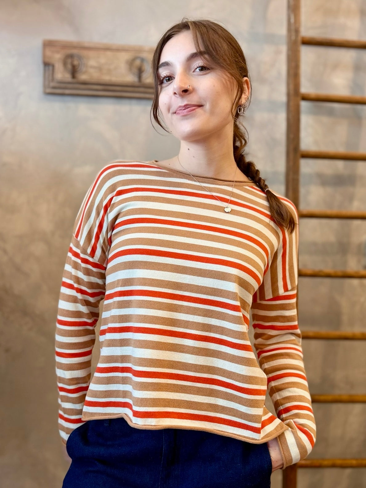 Long Sleeve Striped Sweater - Camel