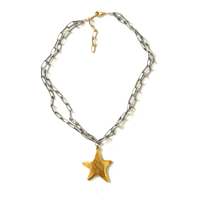 Mixed Metal Star Drop Necklace