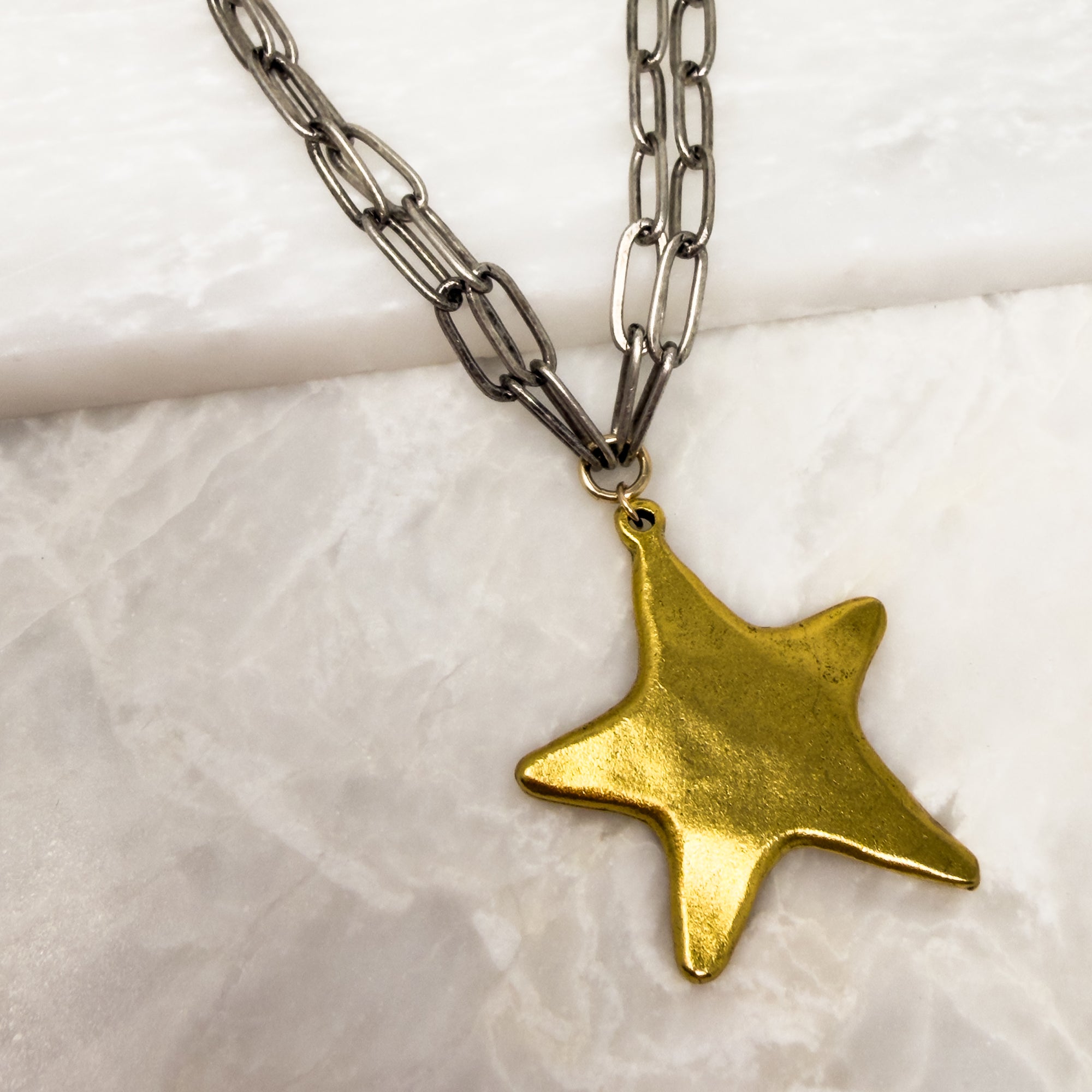 Mixed Metal Star Drop Necklace