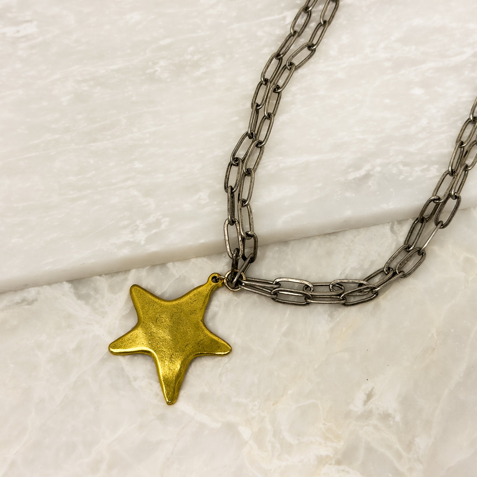 Mixed Metal Star Drop Necklace