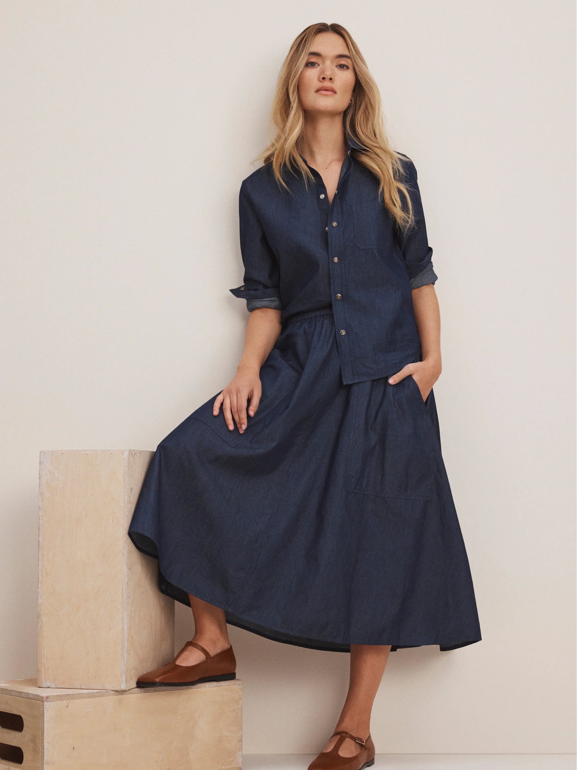 Drapey Denim Cargo Skirt - Dark Wash