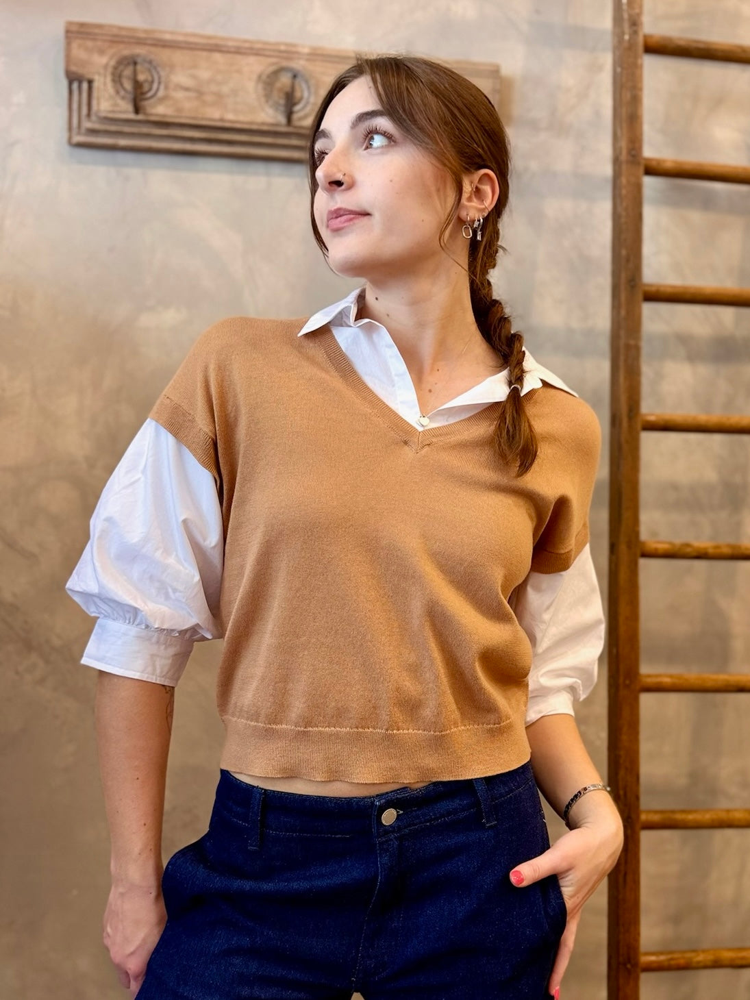 Puff Sleeve Two-fer Vest - Camel
