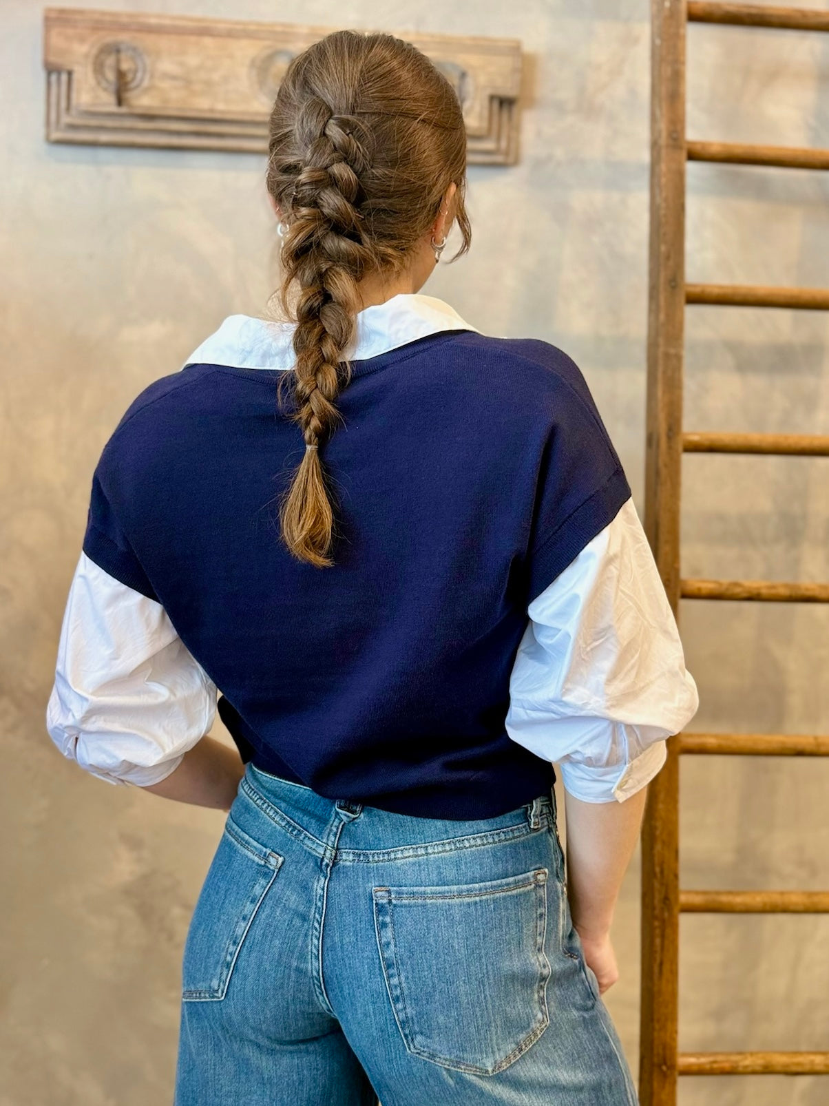 Puff Sleeve Two-fer Vest - Navy