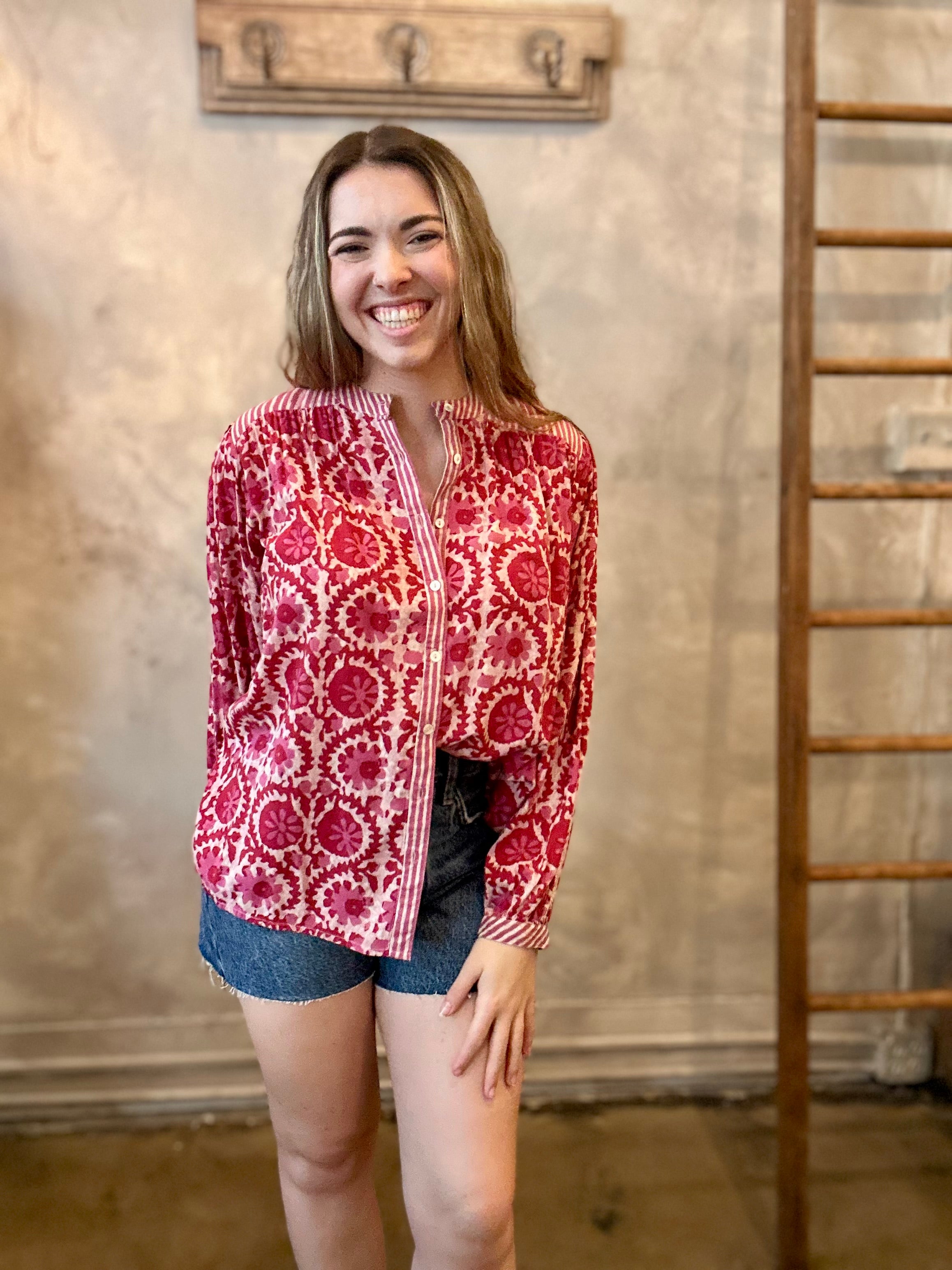トップス soor ploom Ramona blouse- khadi Leandra Blouse - Flamingo Grooves – Terra Cotta Savannah