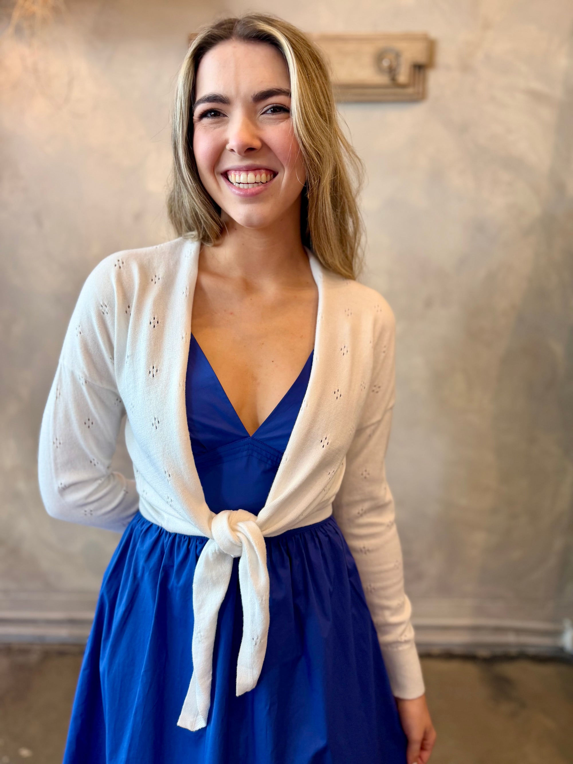 Tie Front Pointelle Cardigan - White