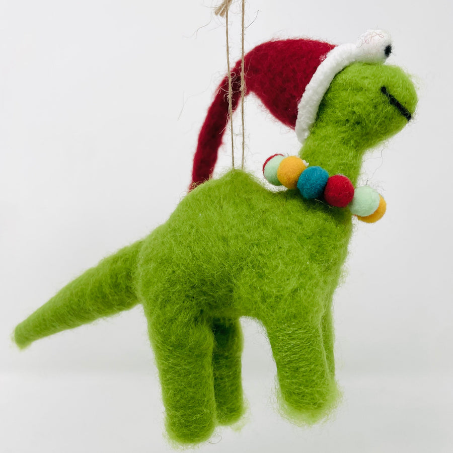 Wool Felt Dinosaur Ornament- Green w/ Hat