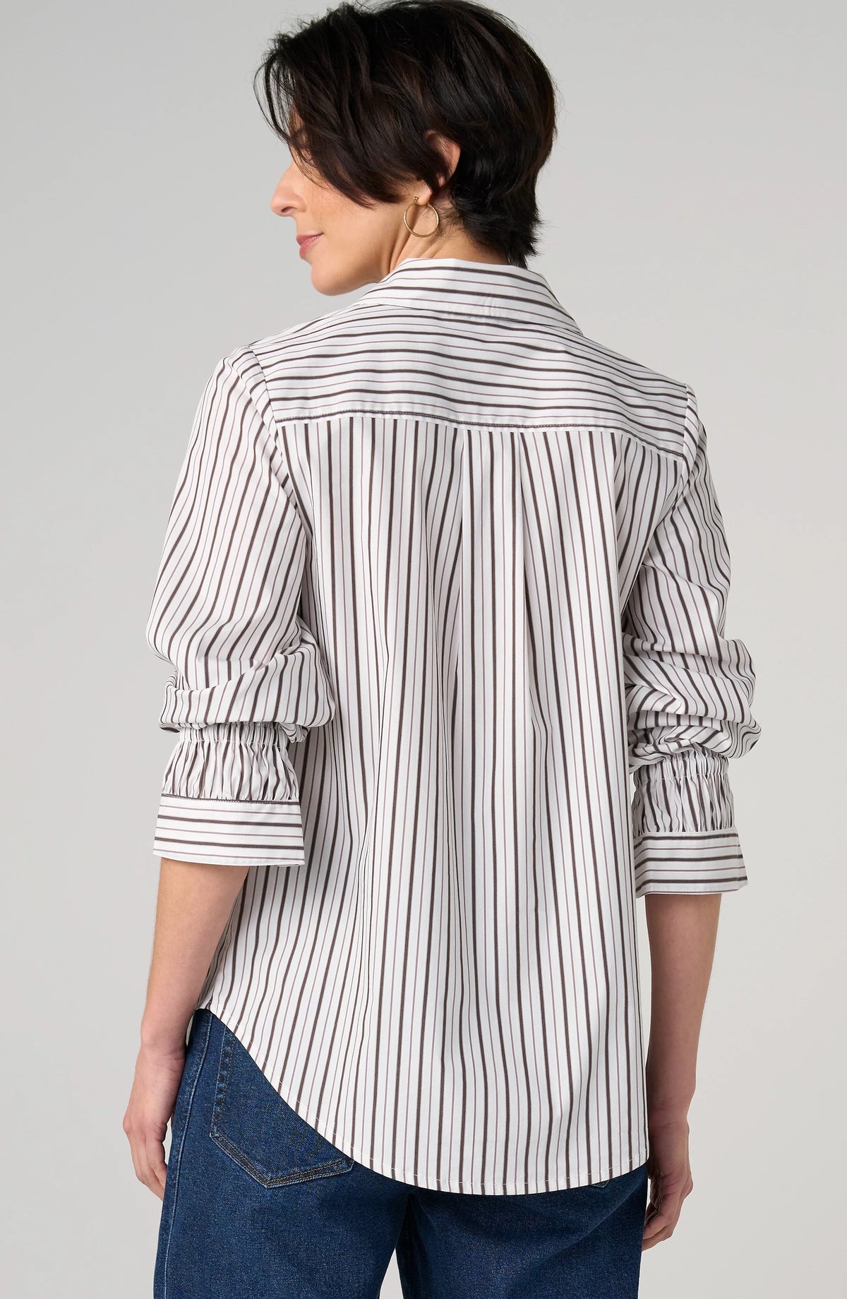 Button Front Adjustable Sleeve Top - Cream Stripe