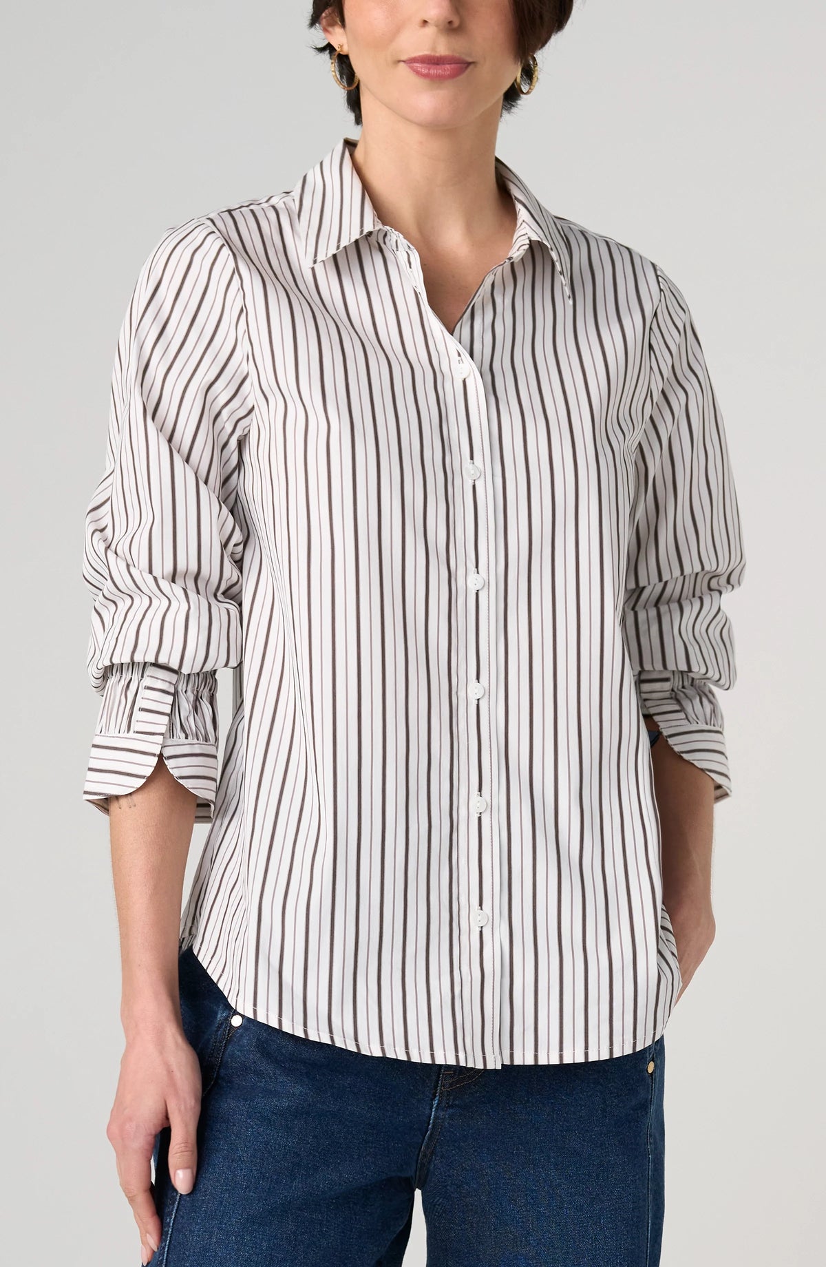 Button Front Adjustable Sleeve Top - Cream Stripe