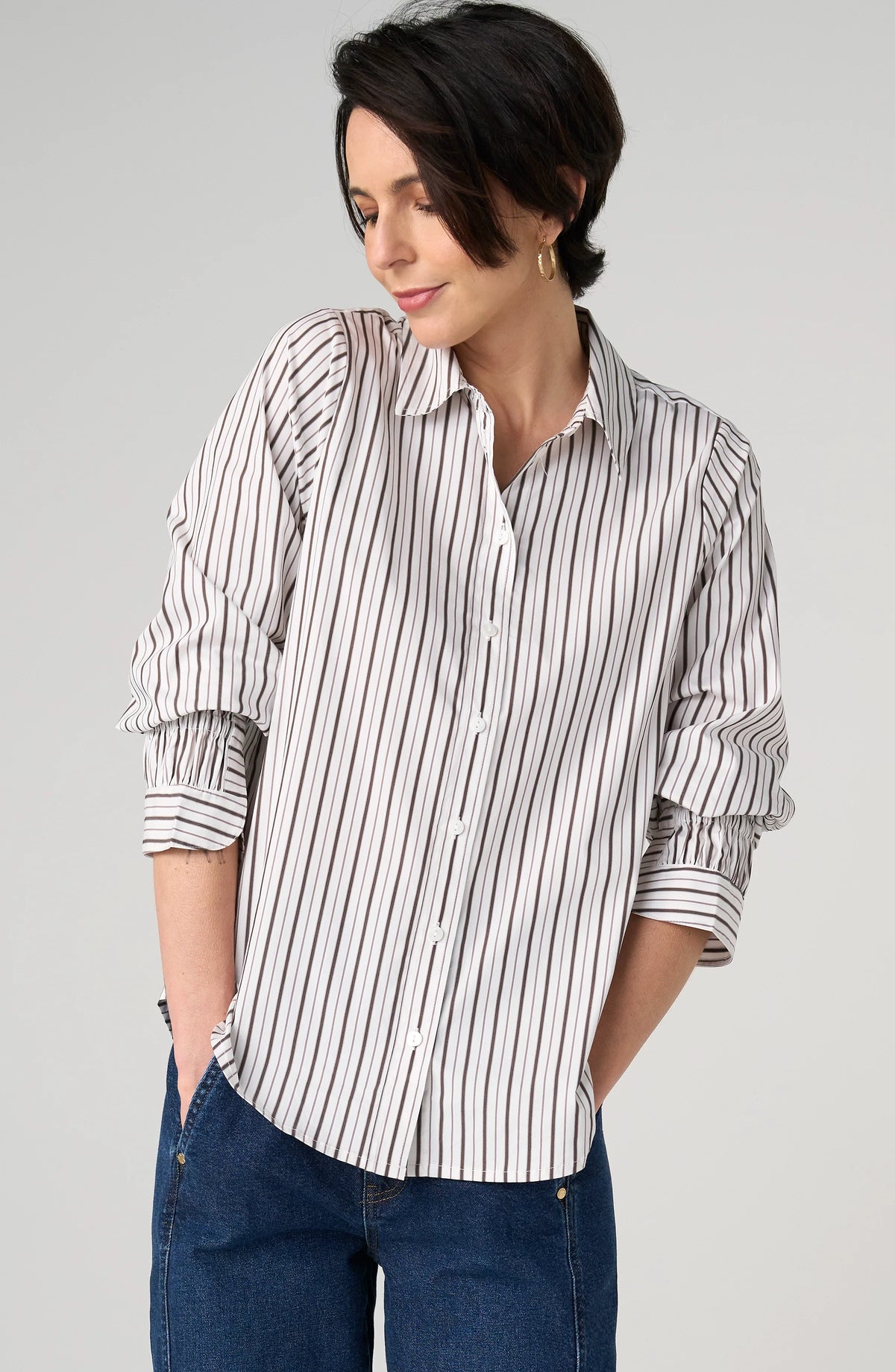 Button Front Adjustable Sleeve Top - Cream Stripe