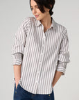 Button Front Adjustable Sleeve Top - Cream Stripe
