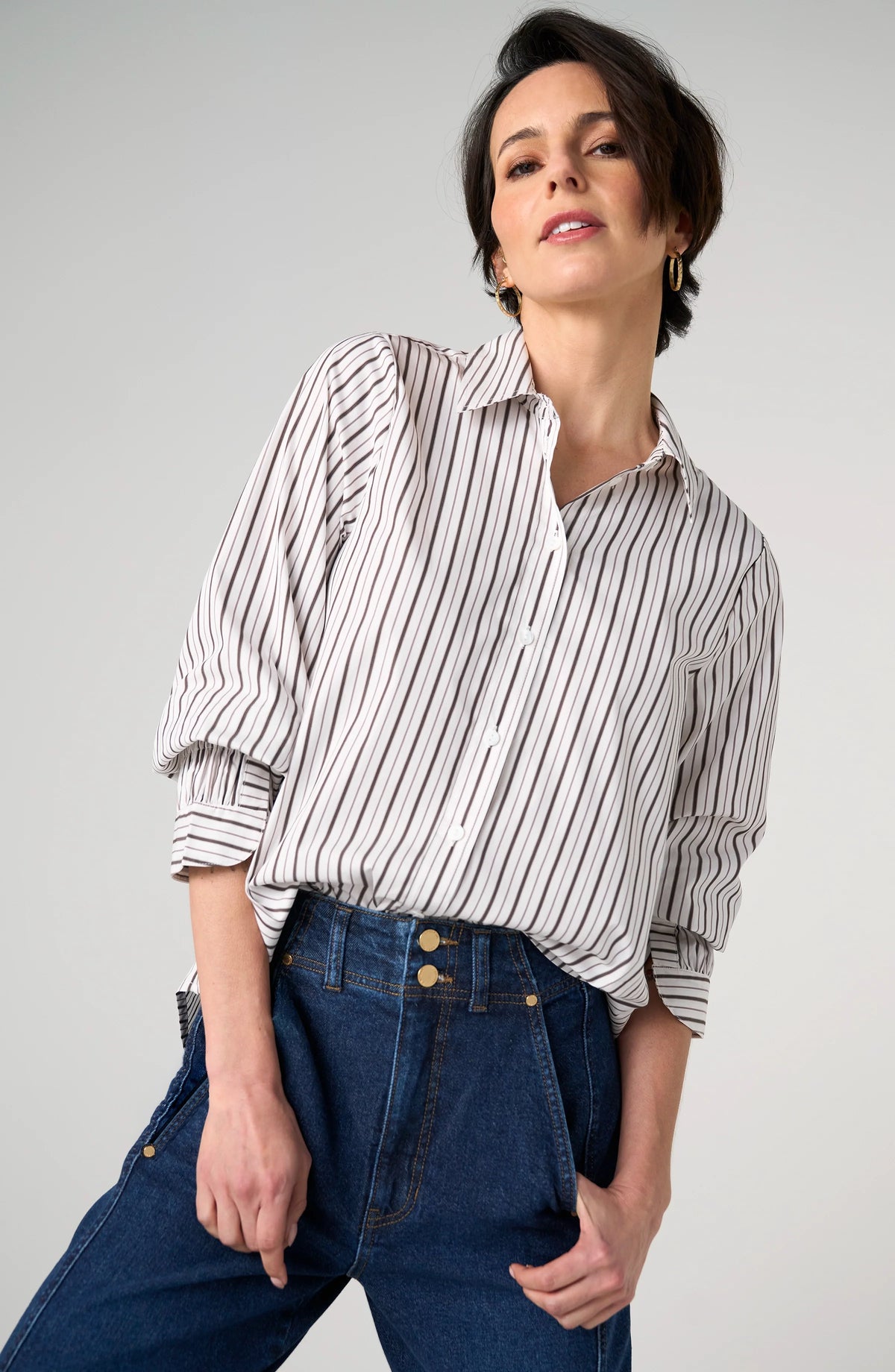 Button Front Adjustable Sleeve Top - Cream Stripe