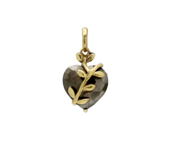 Heart-shaped pendant with gold vine design on a white background