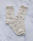 Vintage Rose & Heart Sock - Cream